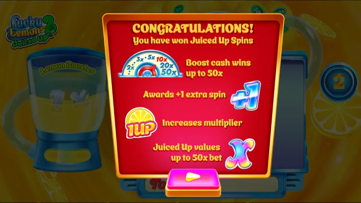 Tampilan visual slot Lucky Lemons 2 Juiced Up dengan simbol buah berwarna cerah